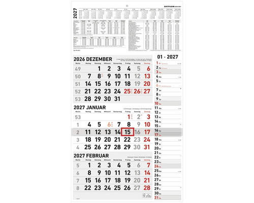 Zettler Wandkalender 2027 mit 3-Monatsansicht von Dezember 2026 bis Februar 2027 inklusive Wochennummern und Feiertagsübersicht.