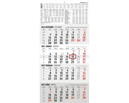 Zettler Wandkalender 2027 mit 4-Monats-Übersicht von Dezember 2026 bis März 2027. Enthält Schulferientermine, Wochennummern, Zettler kalender Logo und FSC-Siegel.