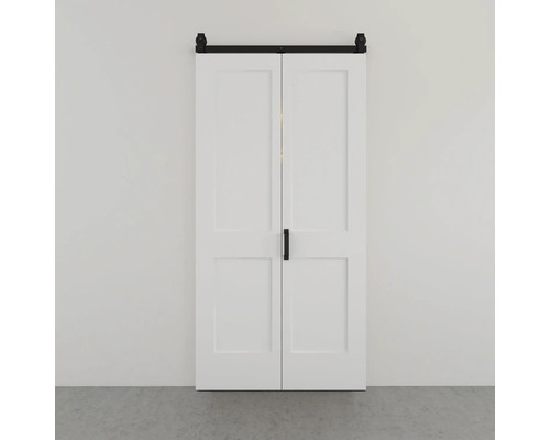 Double porte coulissante blanche de style grange avec rails et poignées noirs.