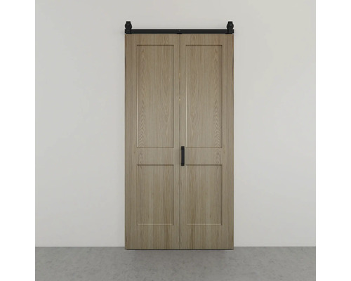 Double porte coulissante en bois avec veinage apparent et système de rail noir.