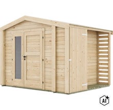 Abri de jardin en bois avec toit à deux pans, double porte avec vitre et appentis latéral pour bois de chauffage. (Image AI modified or generated)