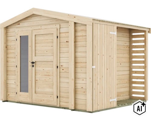 Abri de jardin en bois avec toit à deux pans, double porte avec vitre et appentis latéral pour bois de chauffage. (Image AI modified or generated)