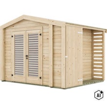 Abri de jardin en bois avec double porte et auvent latéral intégré (Image AI modified or generated)
