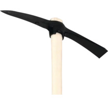 Pioche avec manche en bois, tête en acier forgé avec un côté pointu et un côté plat.