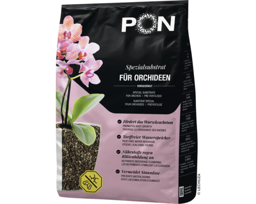 Lechuza PON Spezialsubstrat für Orchideen, vorgedüngt und torffrei, zur Förderung von Wurzelwachstum und Blütenbildung.