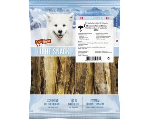 DeliBest Hundesnack Light Snack Straussenfleisch Sticks, 200 Gramm, luftgetrocknet, fettarm und 100 Prozent Natur.