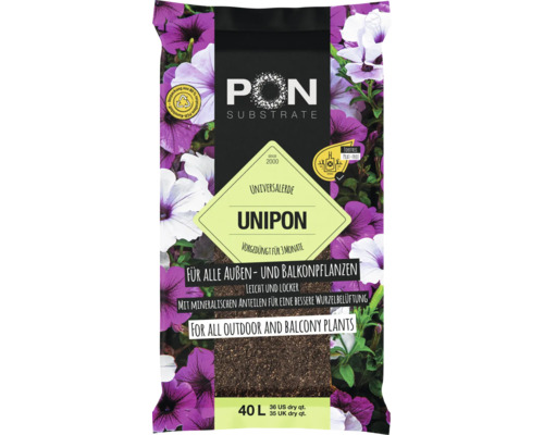 Pon Substrate Unipon terreau universel, 40 litres, sans tourbe, minéral, pour plantes d'extérieur et de balcon, fertilisé pour 3 mois.