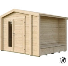 Abri de jardin en bois avec double porte et auvent latéral intégré avec banc. (Image AI modified or generated)
