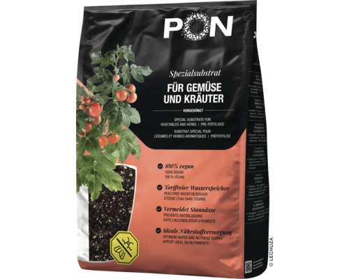PON substrat spécial pour légumes et herbes aromatiques, préfertilisé, sans tourbe, végane, évite l'accumulation d'humidité.