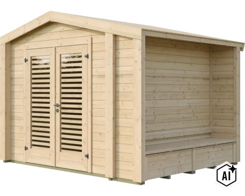 Abri de jardin en bois avec double porte et auvent intégré avec banc pour le jardin (Image AI modified or generated)