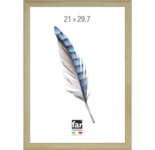 Bilderrahmen aus hellem Holz im Format 21 mal 29,7 Zentimeter mit einem blau-grauen Feder-Motiv, Far Frame Appeal Logo, hergestellt in Italien.