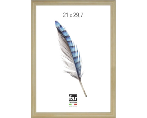 Cadre photo en bois clair au format 21 par 29,7 centimètres avec un motif de plume bleu-gris, Far Frame Appeal Logo, fabriqué en Italie.