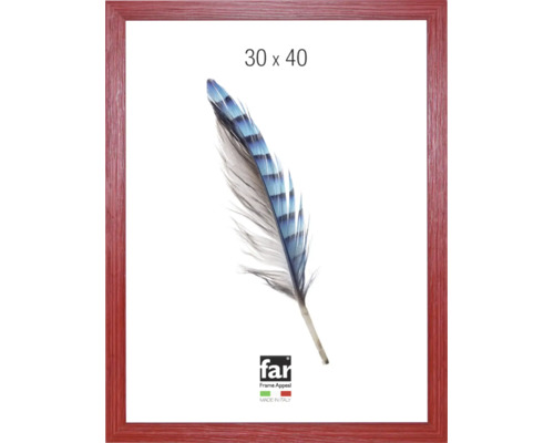 Bilderrahmen 30 mal 40 Zentimeter in roter Holzoptik mit Made in Italy Siegel und far Frame Appeal Logo.