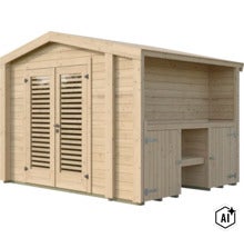 Abri de jardin en bois avec double porte et extension latérale intégrée pour un espace de rangement supplémentaire. (Image AI modified or generated)
