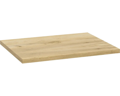 Tablette murale aspect chêne avec veinage naturel du bois, rectangulaire.