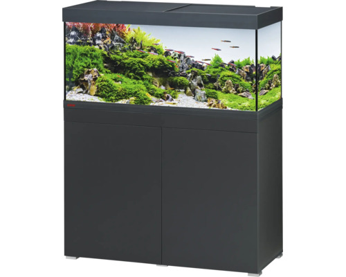 Aquarium-Kombination mit Unterschrank in Anthrazit, dekorierter Innenraum mit Wasserpflanzen und Felsen.