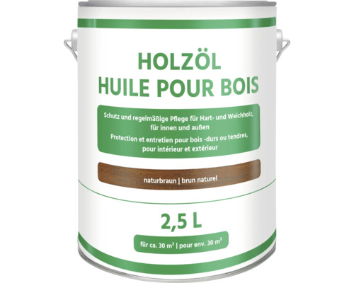 Huile pour bois durs et tendres, pour intérieur et extérieur, brun naturel, 2,5 litres, rendement environ 30 mètres carrés.