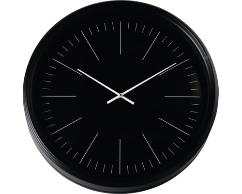 Analoge Wanduhr in Schwarz mit weißen Zeigern und Strichindizes ohne Ziffern.