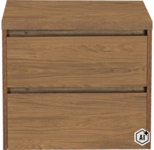 Table de chevet avec deux tiroirs aspect bois. (Image AI modified or generated)