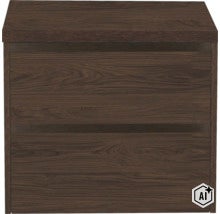 Table de chevet en bois foncé avec deux tiroirs au design moderne (Image AI modified or generated)