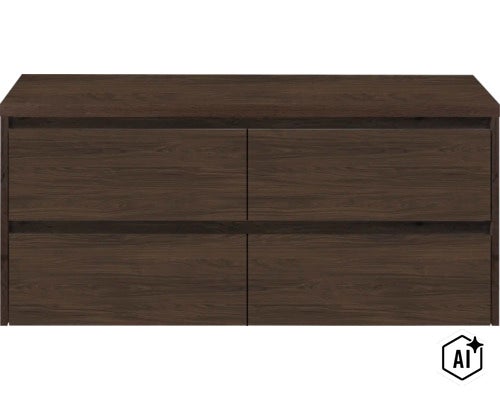 Commode brun foncé aspect bois avec quatre tiroirs spacieux pour un rangement supplémentaire. (Image AI modified or generated)