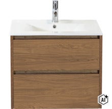 Meuble sous vasque avec lavabo intégré et robinet en aspect bois (Image AI modified or generated)