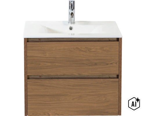 Meuble sous vasque avec lavabo intégré et robinet en aspect bois (Image AI modified or generated)