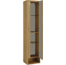 Armoire haute aspect chêne avec façade grise, porte ouverte, tablettes en verre et étagères en bois.