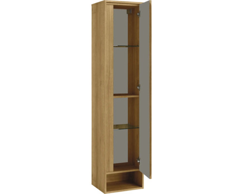 Armoire haute aspect chêne avec façade grise, porte ouverte, tablettes en verre et étagères en bois.