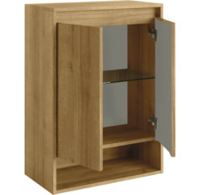 Armoire murale de salle de bain aspect chêne avec deux portes, une étagère en verre et un compartiment ouvert.