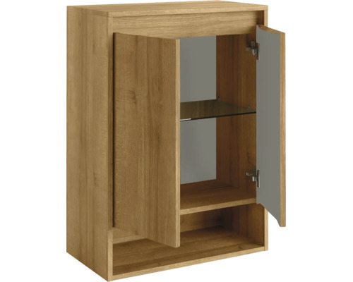 Armoire murale de salle de bain aspect chêne avec deux portes, une étagère en verre et un compartiment ouvert.