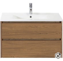Meuble sous vasque avec aspect bois et deux tiroirs incluant lavabo et robinet (Image AI modified or generated)