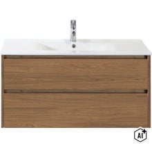 Meuble sous lavabo avec deux tiroirs et lavabo en céramique blanche avec robinetterie aspect bois (Image AI modified or generated)