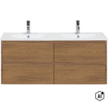 Doppelwaschtisch mit Holzoptik Unterschrank und zwei Armaturen (Image AI modified or generated)