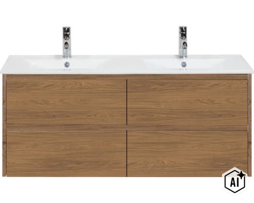 Doppelwaschtisch mit Holzoptik Unterschrank und zwei Armaturen (Image AI modified or generated)