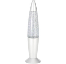 Lampe à paillettes en forme de fusée avec boîtier blanc et paillettes argentées.