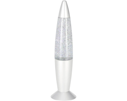 Lampe à paillettes en forme de fusée avec boîtier blanc et paillettes argentées.