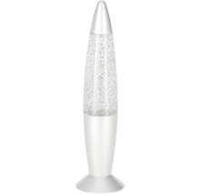 Lampe à paillettes en forme de fusée avec des paillettes argentées dans un liquide clair sur un socle argenté.