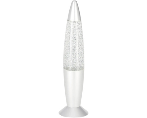 Lampe à paillettes en forme de fusée avec des paillettes argentées dans un liquide clair sur un socle argenté.