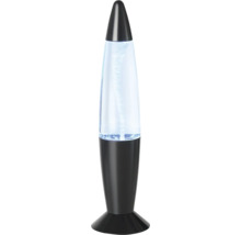 Lampe tornade avec socle noir et effet de tourbillon bleu et blanc à l'intérieur.