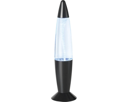 Lampe tornade avec socle noir et effet de tourbillon bleu et blanc à l'intérieur.