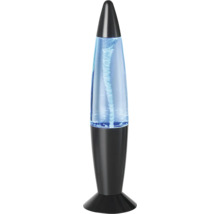 Lampe décorative tornade avec base et sommet noirs, effet de tourbillon dans une lumière bleue.