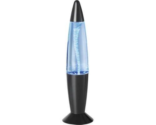 Lampe décorative tornade avec base et sommet noirs, effet de tourbillon dans une lumière bleue.