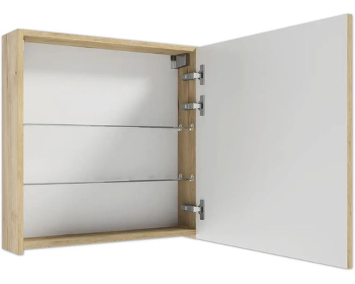 Armoire de toilette ouverte aspect bois avec intérieur blanc et deux étagères en verre.