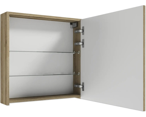 Armoire de toilette ouverte aspect bois avec deux étagères en verre.