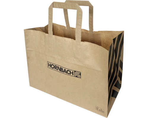 Braune Papiertragetasche mit Hornbach Logo, schwarzen Streifen, Flachhenkeln und Zertifizierung für nachhaltige Waldwirtschaft.