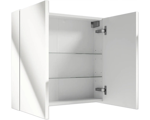Geöffneter weisser Spiegelschrank fürs Badezimmer mit zwei Glaseinlegeböden und sichtbaren Scharnieren.