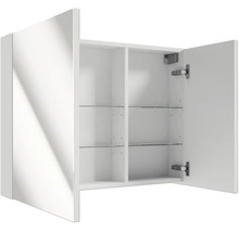 Geöffneter Spiegelschrank fürs Badezimmer mit zwei Spiegeltüren und Glaseinlegeböden.
