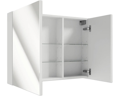 Geöffneter Spiegelschrank fürs Badezimmer mit zwei Spiegeltüren und Glaseinlegeböden.