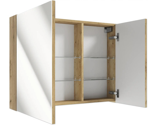 Armoire de toilette aspect bois avec portes miroir ouvertes et étagères en verre.